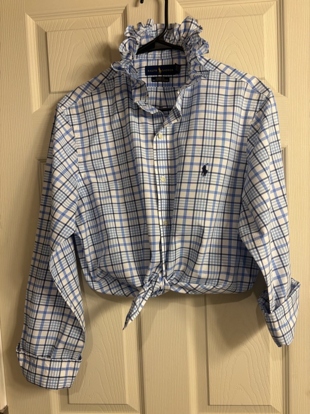 Upcycled/Reloved Women’s Ralph Lauren White and Blue Plaid Button-Front Shirt